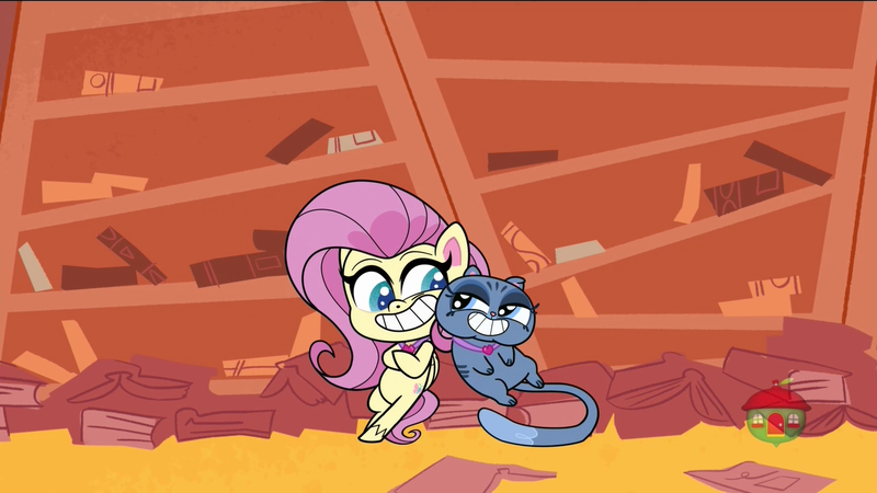 Size: 1280x720 | Tagged: safe, derpibooru import, screencap, bubbles (cat), fluttershy, cat, pegasus, pony, cute-pocalypse meow, my little pony: pony life, spoiler:pony life s01e03