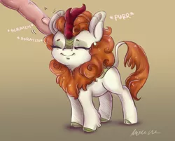 Size: 2427x1952 | Tagged: artist:buttersprinkle, autumn blaze, awwtumn blaze, behaving like a cat, blushing, c:, cheek fluff, cute, daaaaaaaaaaaw, derpibooru import, ear fluff, eyes closed, female, finger, gradient background, kirin, leg fluff, micro, offscreen character, offscreen human, onomatopoeia, purring, safe, scratching, shadow, signature, smiling, solo focus, sound effects, tan background, tiny, weapons-grade cute