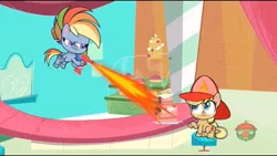 Size: 1920x1080 | Tagged: safe, derpibooru import, applejack, rainbow dash, earth pony, pegasus, pony, how applejack got her hat back, my little pony: pony life, spoiler:pony life s01e04, cake, firemare jack, food, torch, welding torch