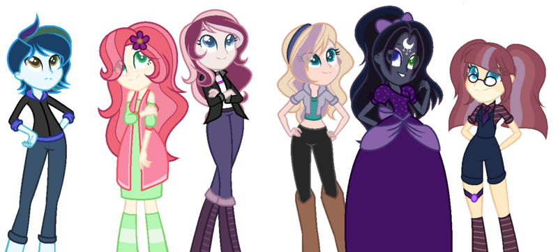 Size: 1386x626 | Tagged: safe, artist:astral-sunlight, artist:malachitebases, derpibooru import, oc, oc:andromeda, oc:angelina, oc:astral sunlight, oc:aurora, oc:brave night, oc:magical harmony, unofficial characters only, equestria girls, base used, boots, clothes, crossed arms, dress, eye clipping through hair, female, females only, flower, flower in hair, freckles, glasses, hairband, hand on hip, heterochromia, magical gay spawn, magical lesbian spawn, midriff, necktie, next generation, off shoulder, offspring, pants, parent:applejack, parent:big macintosh, parent:flash sentry, parent:fluttershy, parent:king sombra, parent:princess luna, parent:rainbow dash, parent:rarity, parent:soarin', parent:sunburst, parent:sunset shimmer, parent:sunstone (g4 r63 sunburst), parent:twilight sparkle, parents:flashburst, parents:fluttermac, parents:lumbra, parents:rarijack, parents:soarindash, parents:sunsetsparkle, shirt, shoes, shorts, simple background, socks, striped socks, transparent background