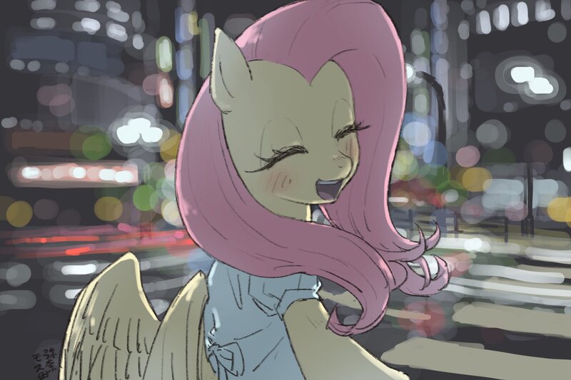 Size: 1800x1200 | Tagged: safe, artist:yanamosuda, derpibooru import, fluttershy, pegasus, pony, blurry background, blushing, city, cityscape, clothes, cute, date, dress, eyes closed, female, happy, looking at you, looking back, looking back at you, mare, offscreen character, open mouth, outdoors, pov, shyabetes, smiling, solo, speedpaint available, street, wings