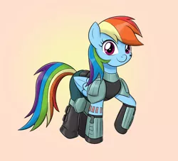 Size: 1100x1000 | Tagged: safe, artist:mew-me, banned from derpibooru, deleted from derpibooru, derpibooru import, rainbow dash, pegasus, pony, armor, cara dune, clothes, cosplay, costume, image, jpeg, smiling, solo, star wars, the mandalorian