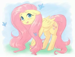 Size: 3141x2427 | Tagged: safe, artist:fluffymaiden, derpibooru import, fluttershy, butterfly, pegasus, pony, blushing, cute, female, floppy ears, folded wings, high res, looking at you, mare, open mouth, shyabetes, solo, standing, wings