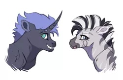 Size: 4000x2622 | Tagged: safe, artist:venommocity, derpibooru import, oc, oc:panther, oc:zena, pony, unicorn, zebra, bust, offspring, parent:king sombra, parent:princess luna, parents:lumbra, portrait, simple background, white background