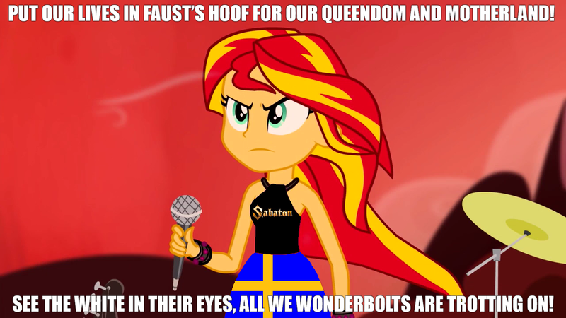 Size: 1280x720 | Tagged: safe, derpibooru import, edit, edited edit, edited screencap, screencap, sunset shimmer, human, equestria girls, rainbow rocks, 1000 hours in ms paint, accessories, armband, caption, closed mouth, clothes, cloud, drums, electric guitar, evening, exclamation point, eyebrows, eyelashes, female, frown, guitar, hill, holding, impact font, logo, meme, microphone, mouth closed, ms paint, ms paint adventures, musical instrument, outdoors, power metal, sabaton, skirt, sky, solo, standing, sweden, swedish, swedish flag, symbol, text, text edit, top, wall of tags, wind, woman