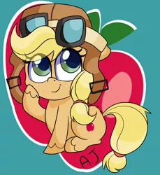 Size: 4000x4364 | Tagged: safe, artist:rainbowtashie, derpibooru import, applejack, earth pony, pony, how applejack got her hat back, my little pony: pony life, spoiler:pony life s01e04, aviator hat, cute, female, flyerjack, hat, jackabetes, mare, simple background, solo, that was fast