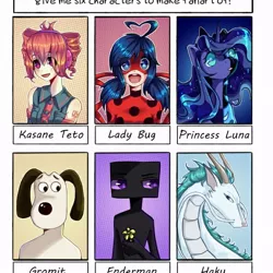 Size: 754x754 | Tagged: anthro, anthro with ponies, bust, clothes, crossover, :d, derpibooru import, dog, dragon, eastern dragon, enderman, ethereal mane, female, flower, galaxy mane, gromit, haku, human, kasane teto, male, marinette dupain-cheng, mask, minecraft, miraculous ladybug, nightmare luna, nightmare moon, :o, open mouth, princess luna, safe, six fanarts, smiling, spirited away, transformation, vocaloid