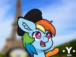 Size: 1980x1500 | Tagged: safe, artist:yelowcrom, derpibooru import, rainbow dash, pegasus, pony, baguette, beret, bread, clothes, eiffel tower, female, food, france, hat, mare, newbie artist training grounds, solo