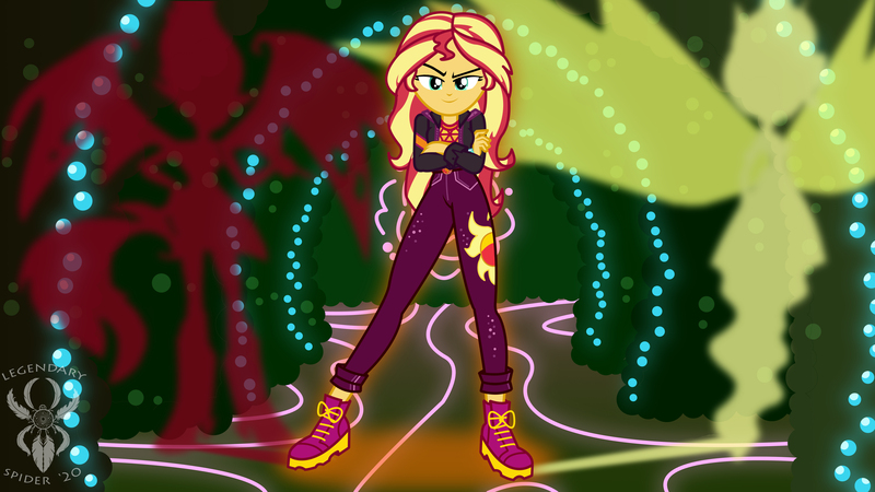 Size: 6830x3840 | Tagged: safe, artist:legendaryspider, derpibooru import, sunset shimmer, demon, equestria girls, equestria girls series, confident, daydream shimmer, light and dark, music festival outfit, sunset satan