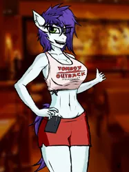 Size: 712x950 | Tagged: safe, artist:reload2, derpibooru import, oc, oc:burly bash, unofficial characters only, anthro, earth pony, clothes, female, females only, outback steakhouse, purple hair, shorts, solo, tomboy outback, waiter