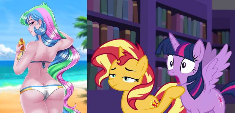 Size: 1350x650 | Tagged: suggestive, artist:racoonsan, color edit, derpibooru import, edit, edited screencap, editor:drakeyc, screencap, princess celestia, sunset shimmer, twilight sparkle, twilight sparkle (alicorn), alicorn, human, equestria girls, equestria girls series, forgotten friendship, ass, beach, beach babe, bikini, bikini babe, bikini bottom, bikini top, blue hair, book, bookshelf, breasts, butt, buttcrack, canterlot library, clothes, cloud, colored, day, equestria girls edit, eyelashes, eyeshadow, female, green hair, humanized, implied lesbian, implied shipping, implied sunsestia, implied twilestia, jaw drop, library, light skin, long hair, looking at you, looking back, looking back at you, looking over shoulder, makeup, multicolored hair, nail polish, ocean, outdoors, palm tree, pink hair, praise the sun, rear view, sand, sexy, shadow, shocked, skin color edit, smiling, smugset shimmer, spread wings, standing, stupid sexy celestia, sunbutt, swimsuit, the ass was fat, tree, water, website, wingboner, wings