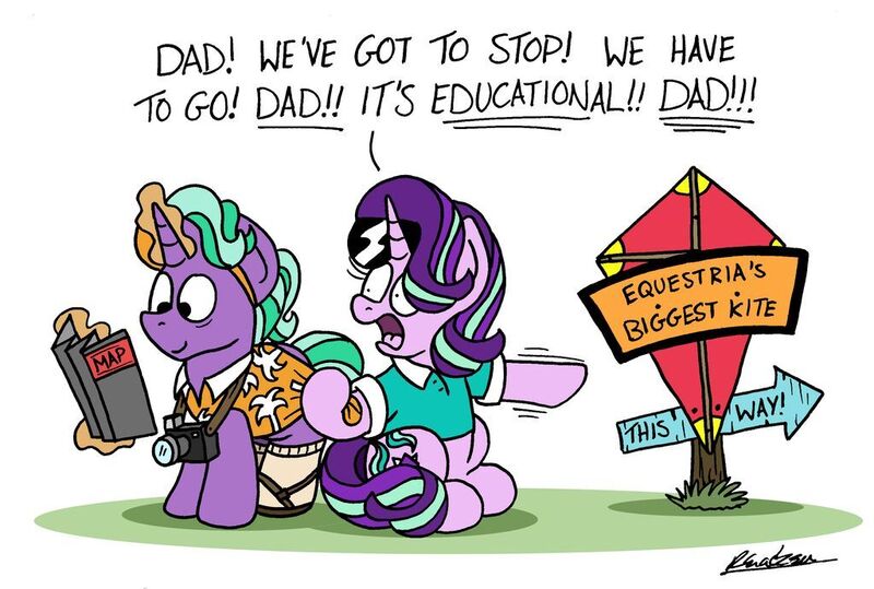 Size: 1024x690 | Tagged: safe, artist:bobthedalek, derpibooru import, firelight, starlight glimmer, pony, unicorn, atg 2020, camera, clothes, father and child, father and daughter, female, hat, kite, male, map, newbie artist training grounds, shirt, sign, socks with sandals, sunglasses, that pony sure does love kites