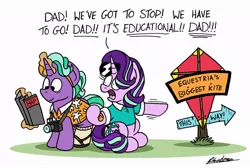 Size: 1024x690 | Tagged: safe, artist:bobthedalek, derpibooru import, firelight, starlight glimmer, pony, unicorn, atg 2020, camera, clothes, father and child, father and daughter, female, hat, kite, male, map, newbie artist training grounds, shirt, sign, socks with sandals, sunglasses, that pony sure does love kites