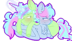 Size: 2560x1440 | Tagged: safe, artist:shinningblossom12, derpibooru import, oc, oc:melody song, oc:shining blossom, unofficial characters only, pegasus, pony, unicorn, blushing, chest fluff, colored hooves, gay, glowing horn, horn, male, oc x oc, pegasus oc, prone, shipping, simple background, stallion, transparent background, unicorn oc, wings