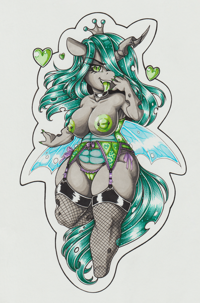 Size: 2046x3093 | Tagged: questionable, artist:longinius, derpibooru import, queen chrysalis, anthro, changeling, changeling queen, unguligrade anthro, big nipples, breasts, busty queen chrysalis, cameltoe, chibi, clothes, female, fishnets, garter belt, heart, lingerie, mare, nipple piercing, nipples, nudity, panties, piercing, reversalis, simple background, socks, solo, solo female, stockings, thigh highs, thong, tongue out, traditional art, underwear, white background, wide hips