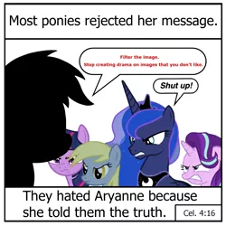 Size: 1600x1600 | Tagged: safe, derpibooru import, derpy hooves, princess luna, starlight glimmer, twilight sparkle, oc, oc:aryanne, alicorn, pegasus, pony, unicorn, crown, dialogue, frown, implied aryanne, jack chick, jewelry, meme, meta, most people rejected his message, nazi, op has a point, peytral, ponified meme, regalia, speech bubble