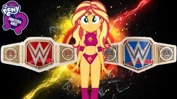 Size: 1920x1080 | Tagged: safe, artist:marcusvanngriffin, deleted from derpibooru, derpibooru import, sunset shimmer, human, equestria girls, adorasexy, belly button, confident, cute, equestria girls logo, logo, photoshop, pose, sexy, sports, wrestling, wwe, wwe championship