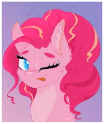 Size: 1764x2098 | Tagged: safe, artist:nyota71, derpibooru import, pinkie pie, earth pony, pony, alternate hairstyle, body markings, bust, cheek fluff, chest fluff, colored pupils, ear fluff, female, fluffy, mare, messy mane, one eye closed, portrait, redesign, simple background, solo, tongue out, wink, winking at you