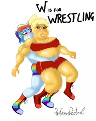 Size: 800x1011 | Tagged: safe, artist:professordoctorc, derpibooru import, applejack, rainbow dash, equestria girls, blushing, boots, breasts, busty applejack, clothes, muscles, shoes, shorts, simple background, sports, strong fat, thick, thighs, thunder thighs, white background, wrestling