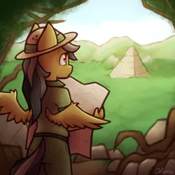 Size: 2000x2000 | Tagged: anthro, artist:ohemo, atg 2020, clothes, daring do, derpibooru import, explorer, explorer outfit, female, high res, map, newbie artist training grounds, pegasus, pyramid, safe, solo, temple