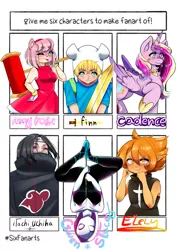 Size: 2480x3508 | Tagged: safe, artist:farah89143257, derpibooru import, princess cadance, alicorn, human, pony, six fanarts, adventure time, amy rose, clothes, costume, crossover, dress, elely, female, finn the human, gwen stacy, hanging, humanized, male, mallet, mare, marvel, mask, naruto, one eye closed, raised hoof, sonic the hedgehog (series), spider-gwen, spider-man: into the spider-verse, sword, uchiha itachi, upside down, wakfu: the animated series, weapon, wink