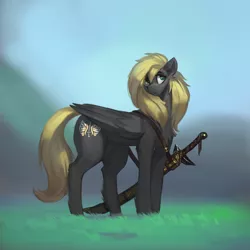 Size: 3000x3000 | Tagged: safe, artist:nsilverdraws, derpibooru import, oc, oc:veen sundown, unofficial characters only, horse, pegasus, pony, female, fluffy, grass, high res, mare, scabbard, solo, standing, sundown clan, sword, weapon