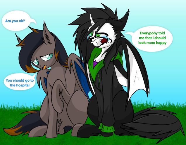 Size: 636x499 | Tagged: safe, artist:bethanygamermaster, derpibooru import, oc, oc:black night, unofficial characters only, bat pony, dialogue