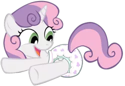 Size: 602x414 | Tagged: suggestive, artist:oliver-england, derpibooru import, edit, sweetie belle, pony, unicorn, awwing, background removed, cute, daaaaaaaaaaaw, decorated diaper, diaper, diaper fetish, diapered, diapered filly, female, fetish, filly, happy, looking at something, looking back, lying down, open mouth, poofy diaper, simple background, smiling, solo, transparent background, white diaper