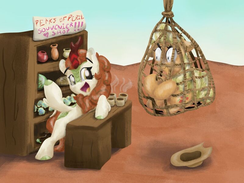 Size: 1280x960 | Tagged: safe, artist:kirbyliscious, derpibooru import, applejack, autumn blaze, earth pony, kirin, pony, angry, applejack is not amused, applejack's hat, cowboy hat, female, hat, mare, misunderstanding, net, newbie artist training grounds, open mouth, pun, tourist trap, trap (device), unamused, visual pun