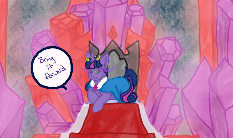 Size: 1280x757 | Tagged: safe, artist:jeyjeymohr, derpibooru import, part of a set, twilight sparkle, pony, unicorn, alternate timeline, alternate universe, cape, clothes, color change, corrupted, corrupted twilight sparkle, crown, crystal, crystal castle, crystal empire, crystal throne, crystal throne room, crystal war timeline, dark, dark equestria, dark magic, dark queen, dark twilight, dark twilight sparkle, dark world, darkened coat, darkened hair, darklight, darklight sparkle, evil, evil twilight, horn, jagged horn, jewelry, magic, midnight crystal, midnight sparkle (sombra), part of a series, queen midnight crystal, regalia, robe, solo, sombra empire, sombra eyes, sombra's throne, sombra's throne room, throne room, tumblr:ask midnight crystal, tyrant sparkle, unicorn twilight