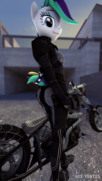 Size: 1080x1920 | Tagged: safe, artist:foxventus, derpibooru import, rarity, anthro, unicorn, 3d, alternate hairstyle, biker, boots, chopper, clothes, female, leggings, looking at you, looking over shoulder, motorcycle, punk, raripunk, shoes, solo, source filmmaker, suit, tail