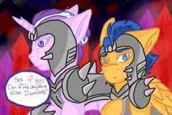 Size: 1280x853 | Tagged: safe, artist:jeyjeymohr, derpibooru import, part of a set, flash sentry, starlight glimmer, pegasus, pony, unicorn, alternate timeline, alternate universe, armor, artifact, broken horn, clothes, crystal, crystal castle, crystal empire, crystal throne room, crystal war timeline, dark, dark equestria, dark world, duo, horn, part of a series, sombra empire, sombra's throne room, throne room, tumblr:ask midnight crystal, wings