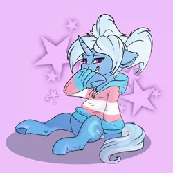 Size: 800x800 | Tagged: safe, artist:allyclaw, deleted from derpibooru, derpibooru import, trixie, pony, unicorn, alternate hairstyle, babysitter trixie, blushing, clothes, female, grin, hoodie, image, mare, mouthpiece, png, pride, pride flag, pride month, raised hoof, sitting, smiling, solo, stars, trans girl, trans trixie, transgender, transgender pride flag, underhoof
