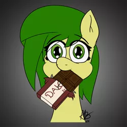 Size: 750x750 | Tagged: artist:mranthony2, bust, chocolate, chocolate bar, cute, dalokohs bar, derpibooru import, female, food, looking at you, mare, mouth hold, oc, oc:lemon bounce, portrait, safe, simple background, solo, team fortress 2, unofficial characters only