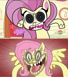 Size: 739x834 | Tagged: safe, derpibooru import, edit, screencap, fluttershy, pegasus, pony, .mov, shed.mov, cute-pocalypse meow, my little pony: pony life, spoiler:pony life s01e03, angry, cupcake, flutterrage, food, nightmare fuel, pony.mov, solo, tablet, treehouse logo