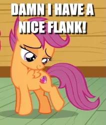 Size: 463x547 | Tagged: caption, cropped, cute, cutealoo, cutie mark, derpibooru import, edit, edited screencap, image macro, look at my ass, on your marks, safe, scootaloo, screencap, solo, text, the cmc's cutie marks