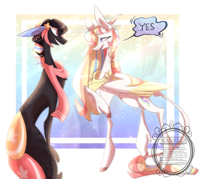 Size: 1641x1482 | Tagged: artist:manella-art, closed species, clothes, derpibooru import, female, horn, leonine tail, looking at each other, male, mare, marriage proposal, multicolored hair, oc, oc:akatsuki, oc:rainbow dreams, original species, pegasus, rainbow hair, ribbon, safe, scarf, speech bubble, stallion, stars, suisei pony, two toned wings, wings