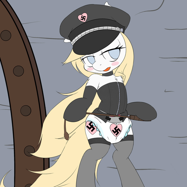 Size: 2000x2000 | Tagged: suggestive, anonymous artist, artist:aryanne, derpibooru import, edit, oc, oc:aryanne, unofficial characters only, earth pony, pony, bdsm, bedroom eyes, bipedal, blush sticker, blushing, cap, choker, clothes, corset, cutie mark, cutie mark diapers, diaper, diaper edit, diaper fetish, dictator, evening gloves, female, fetish, gloves, hat, heart, holding, indoors, leather, leather clothes, leather gloves, long gloves, mare, military hat, nazi, nostrils, open mouth, riding crop, socks, solo, solo female, standing, stockings, swastika, symbol, thigh highs, wall of tags, whip, zipper