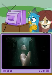 Size: 564x800 | Tagged: semi-grimdark, deleted from derpibooru, derpibooru import, gallus, yona, gryphon, human, yak, aquaphobia, asphyxiation, claustrophobia, drowning, exploitable meme, female, lara croft, male, meme, nightmare fuel, obligatory griffon, obligatory pony, obligatory yak, scared, shadow of the tomb raider, television, tomb raider, trapped, tv meme, video game