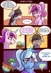 Size: 2160x3076 | Tagged: safe, artist:anon_1515, derpibooru import, princess cadance, trixie, oc, oc:thunder dusk, alicorn, pony, unicorn, comic:double sitters, alternate hairstyle, angry, babysitter trixie, bag, bow, broccoli, carrot, carrot dog, chest fluff, clothes, comic, confused, couch, dialogue, eyebrows, female, floppy ears, foalsitter, folded wings, food, frown, hair bow, hair tie, hoodie, indoors, magic, male, mouth full, pizza, raised eyebrow, saddle bag, smiling, speech bubble, teen princess cadance, telekinesis, wings