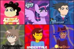 Size: 1448x966 | Tagged: safe, artist:fluttershy918, derpibooru import, twilight sparkle, twilight sparkle (alicorn), alicorn, human, pony, six fanarts, abstract background, ace attorney, bust, clothes, crossover, danganronpa, eyes closed, female, frisk, hat, male, mare, oneshot, phoenix wright, smiling, speedpaint available, steven universe, undertale