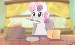 Size: 5000x3000 | Tagged: safe, artist:almond evergrow, derpibooru import, sweetie belle, pony, unicorn, absurd resolution, blushing, bread, cute, diasweetes, female, filly, food, jam, knife, morning, mouth hold, solo, table, this will end in fire, toast, toaster, weapons-grade cute, window