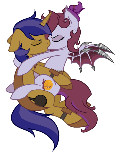 Size: 774x1014 | Tagged: safe, artist:unichan, derpibooru import, oc, oc:jade jump, oc:lunar spice, unofficial characters only, bat pony, unicorn, fallout equestria, armor, commission, eyes closed, foe adventures, hug, kissing, lunump, simple background, transparent background, ych result