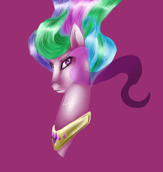 Size: 889x940 | Tagged: safe, artist:moonmiyato, derpibooru import, princess celestia, alicorn, pony, bust, jewelry, magenta background, necklace, regalia, simple background, solo, sombra eyes