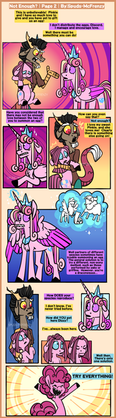 Size: 1259x4520 | Tagged: safe, artist:spuds-mcfrenzy, derpibooru import, discord, pinkie pie, princess cadance, gryphon, pony, yak, comic, discopie, female, male, shipping, straight