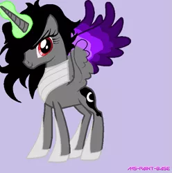 Size: 651x655 | Tagged: safe, alternate version, artist:moonmiyato, derpibooru import, princess luna, alicorn, pony, alternate hairstyle, base used, bevor, boots, clothes, colored wings, corrupted luna, dark magic, dark princess, glowing horn, gorget, horn, lavender background, magic, no tail, palette swap, recolor, red eyes, shoes, simple background, solo, two color wings, unfinished edit, wings