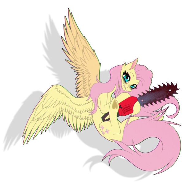 Size: 3591x3483 | Tagged: semi-grimdark, artist:spirit-1, derpibooru import, fluttershy, pony, .mov, shed.mov, blood, chainsaw, fluttershed, simple background, solo, transparent background