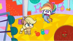 Size: 1513x855 | Tagged: applejack, cute-pocalypse meow, derpibooru import, gymnasium, my little pony: pony life, pain, rainbow dash, safe, screencap, spoiler:pony life s01e03, treehouse logo, weights