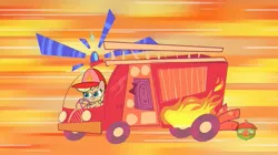 Size: 1513x849 | Tagged: applejack, derpibooru import, driving, fire engine, firefighter helmet, firemare jack, helmet, how applejack got her hat back, my little pony: pony life, safe, screencap, spoiler:pony life s01e04, treehouse logo, truck, vehicle