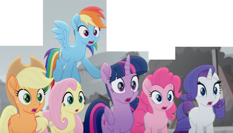 Size: 960x549 | Tagged: safe, derpibooru import, screencap, applejack, fluttershy, pinkie pie, rainbow dash, rarity, twilight sparkle, twilight sparkle (alicorn), alicorn, earth pony, pegasus, pony, unicorn, rainbow roadtrip, applejack's hat, cowboy hat, cropped, female, flying, gasp, hat, hope hollow, mane six, mare, open mouth, panorama, reaction image, shocked, simple background, transparent background, wings